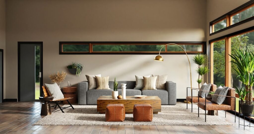 Warm minimal living room with linen sofa, timber side table and soft natural light